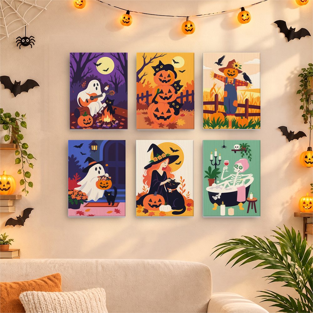 Six finished Cozy Autumn Spooks mini paintings hung on a wall above a table