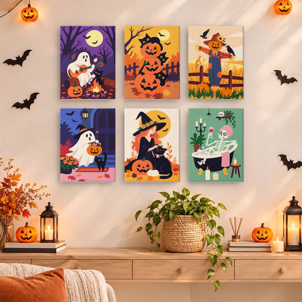 Cozy Autumn Spooks mini paintings displayed as a gallery wall in a sunny kitchen