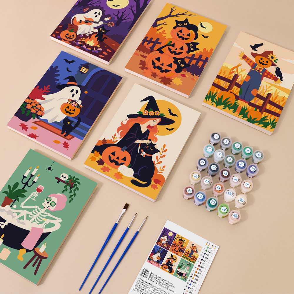 Cozy Autumn Spooks mini paint by numbers kit with six numbered canvases, acrylic paints, brushes and layout