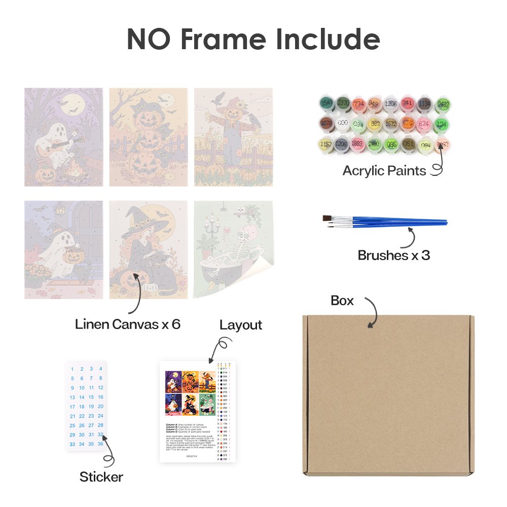 What's included without a frame: six rolled Cozy Autumn Spooks mini canvases, acrylic paints, three brushes and layout