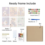 What's included pre-stretched on frame: six framed Cozy Autumn Spooks mini canvases, paints, three brushes, hangers and layout