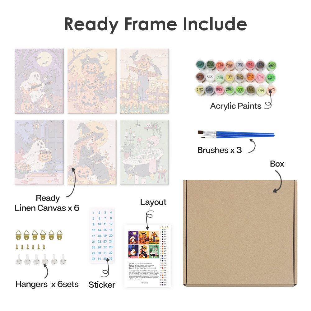 What's included pre-stretched on frame: six framed Cozy Autumn Spooks mini canvases, paints, three brushes, hangers and layout