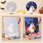 Before and after of a Cozy Autumn Spooks mini paint by numbers canvas