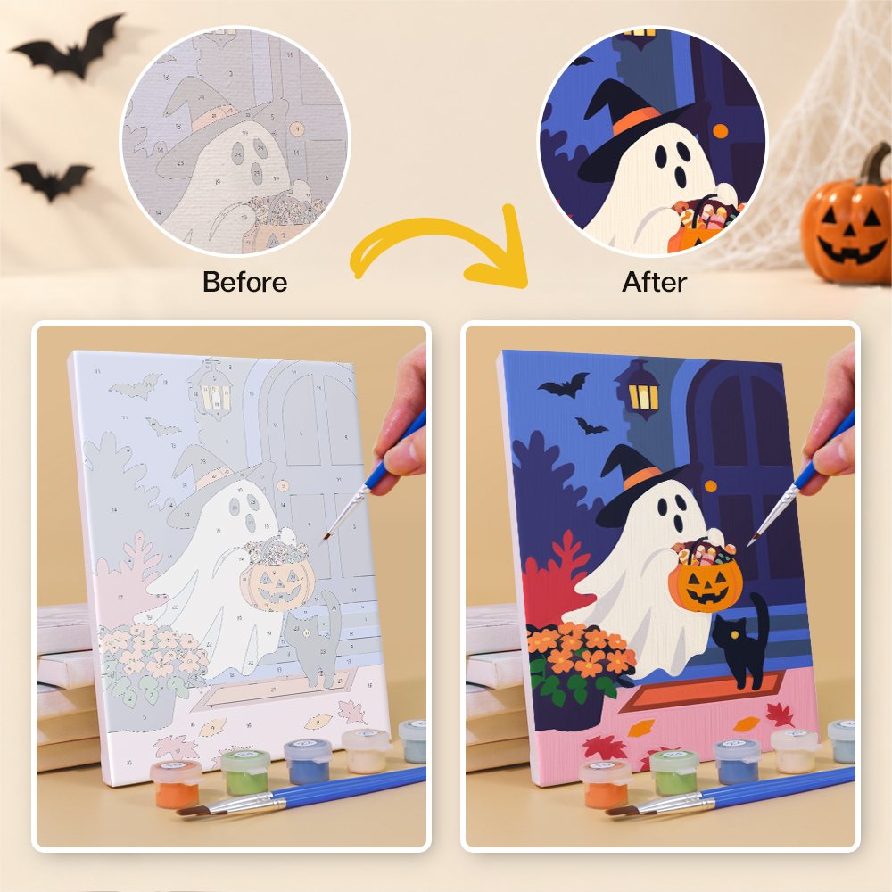 Before and after of a Cozy Autumn Spooks mini paint by numbers canvas