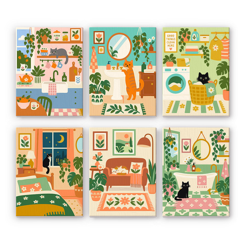 Cozy Cat Home mini paint by numbers set: six plant-filled rooms with cats in a kitchen, bathroom, laundry room, bedroom and living room