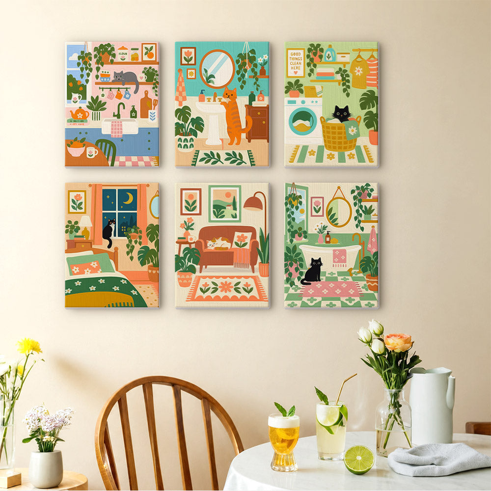 Cozy Cat Home mini paintings displayed as a gallery wall in a sunny kitchen