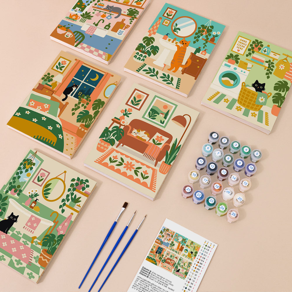 Cozy Cat Home mini paint by numbers kit with six numbered canvases, acrylic paints, brushes and layout