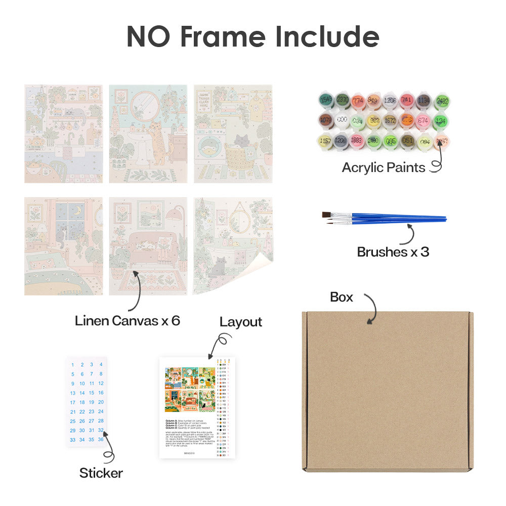 What's included without a frame: six rolled Cozy Cat Home mini canvases, acrylic paints, three brushes and layout