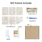 What's included without a frame: six rolled Cozy Cat Home mini canvases, acrylic paints, three brushes and layout