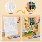 Before and after of a Cozy Cat Home mini paint by numbers canvas