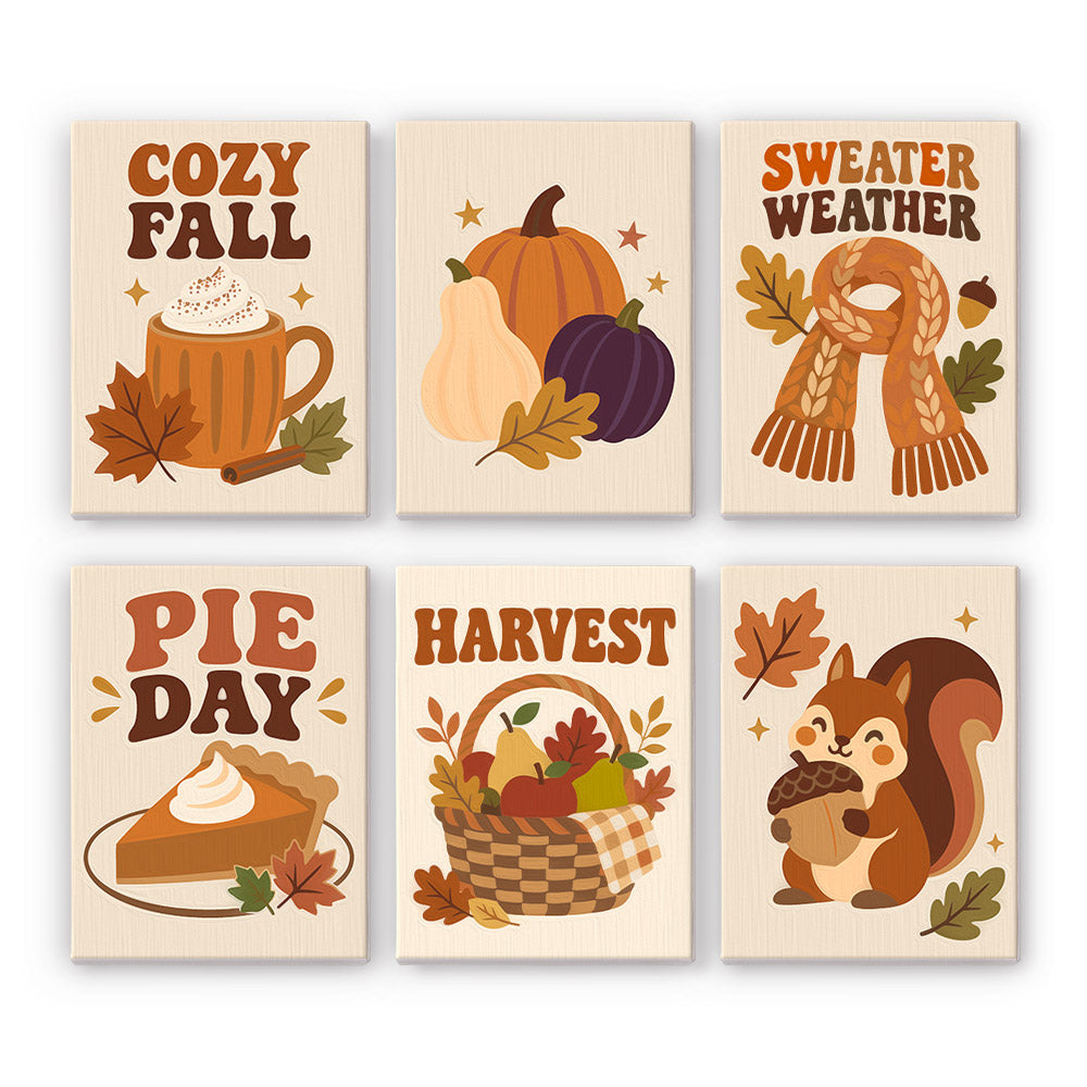 Cozy Fall mini paint by numbers set: six designs of cocoa, pumpkins, a scarf, pie, a harvest basket and a squirrel