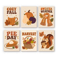 Cozy Fall mini paint by numbers set: six designs of cocoa, pumpkins, a scarf, pie, a harvest basket and a squirrel