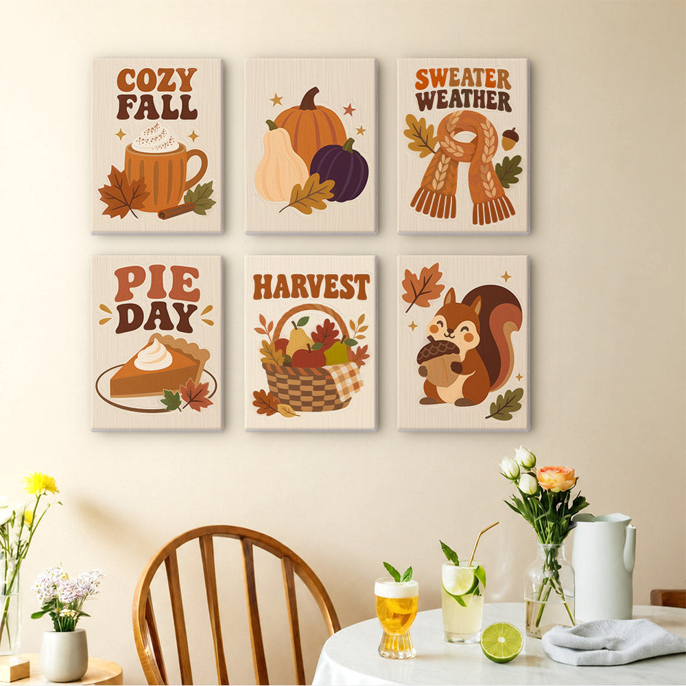 Cozy Fall mini paintings displayed as a gallery wall in a sunny kitchen