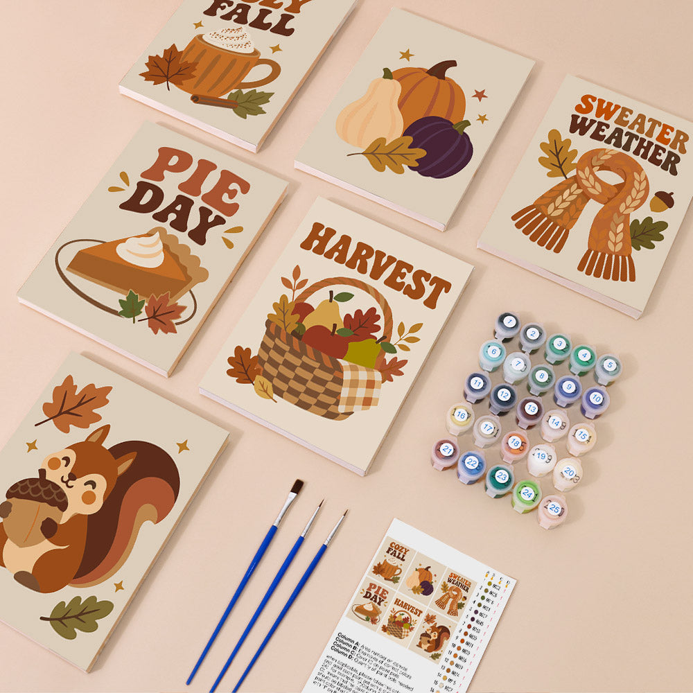 Cozy Fall mini paint by numbers kit with six numbered canvases, acrylic paints, brushes and layout