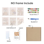 What's included without a frame: six rolled Cozy Fall mini canvases, acrylic paints, three brushes and layout