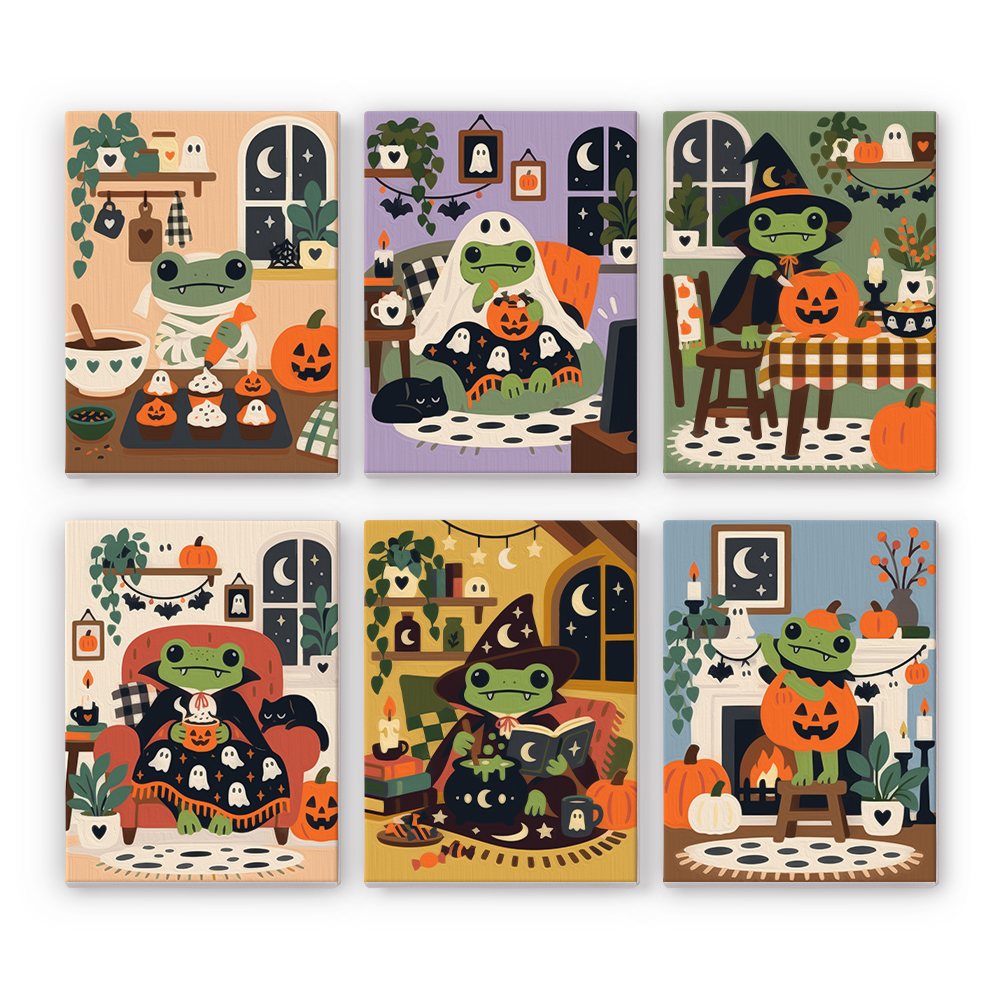 Cozy Frog Halloween mini paint by numbers set: six cozy scenes of a little frog celebrating Halloween at home with ghost cookies, blankets, spellbooks and pumpkins