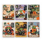 Cozy Frog Halloween mini paint by numbers set: six cozy scenes of a little frog celebrating Halloween at home with ghost cookies, blankets, spellbooks and pumpkins
