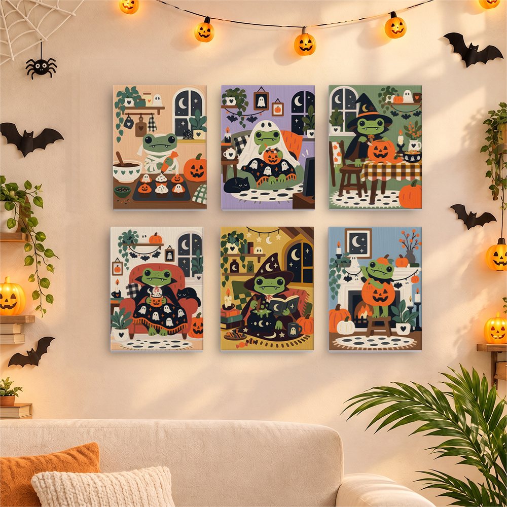 Six finished Cozy Frog Halloween mini paintings hung on a wall above a table