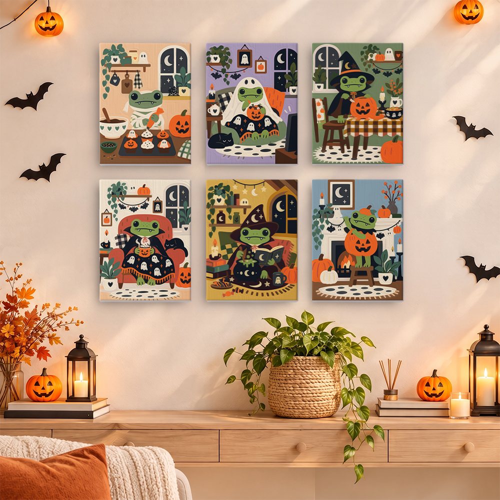 Cozy Frog Halloween mini paintings displayed as a gallery wall in a sunny kitchen