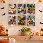 Cozy Frog Halloween mini paintings displayed as a gallery wall in a sunny kitchen