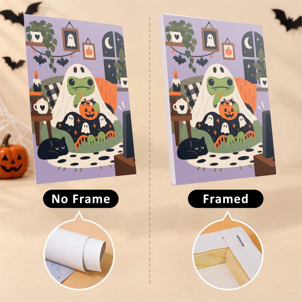 Cozy Frog Halloween mini canvas shown rolled without a frame and pre-stretched on a frame