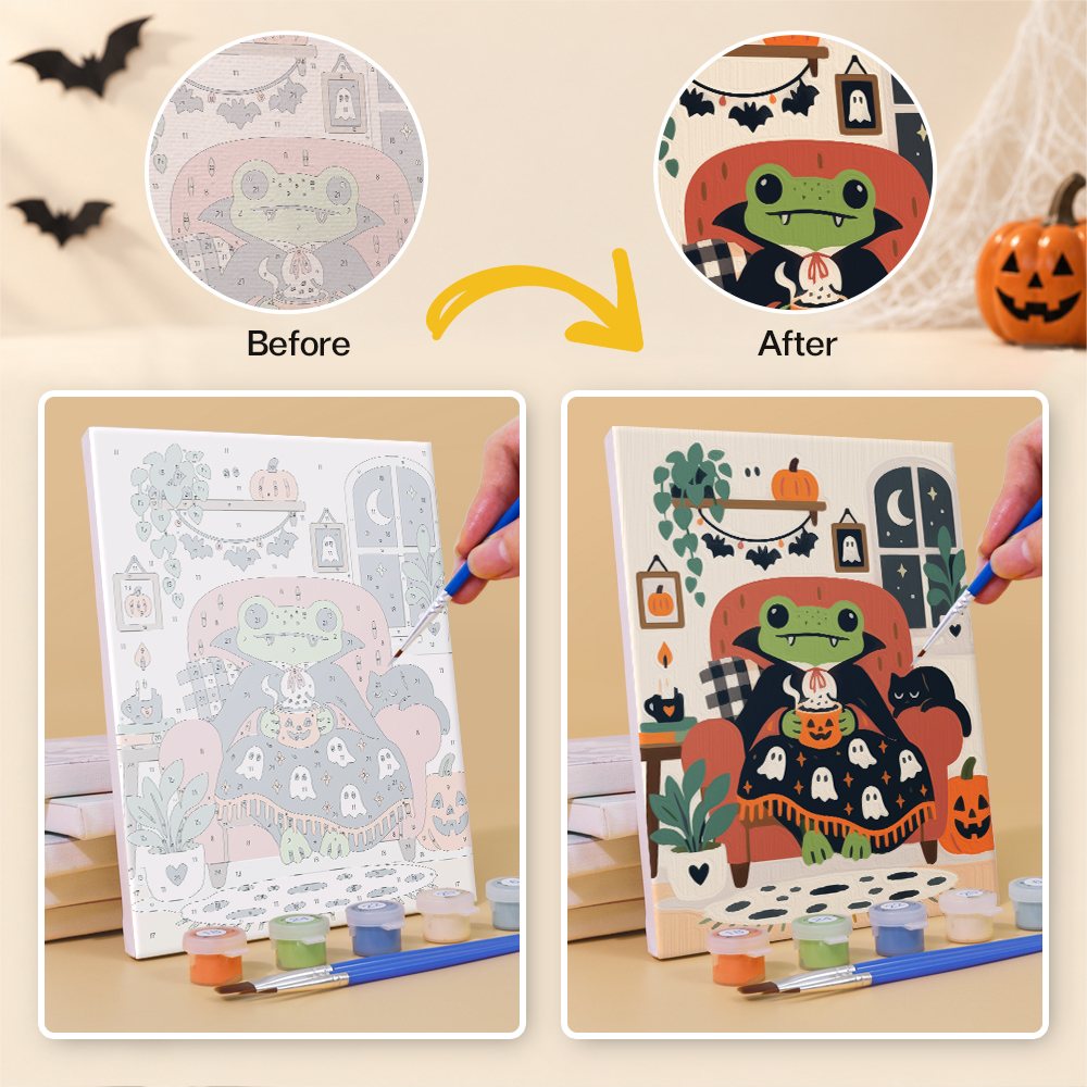 Before and after of a Cozy Frog Halloween mini paint by numbers canvas