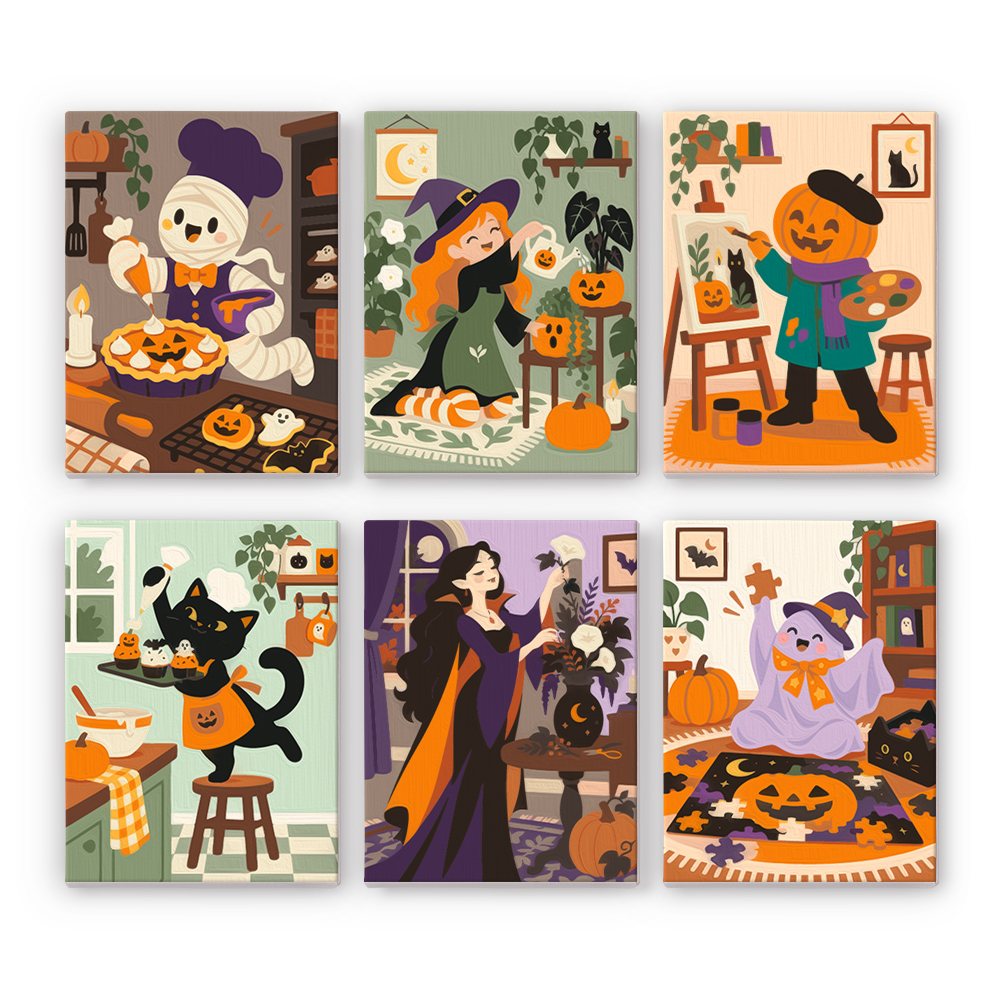 Cozy Halloween Hobbies mini paint by numbers set: six cozy indoor scenes with a ghost baker, witches, a pumpkin painter, a black cat and a ghost doing a puzzle