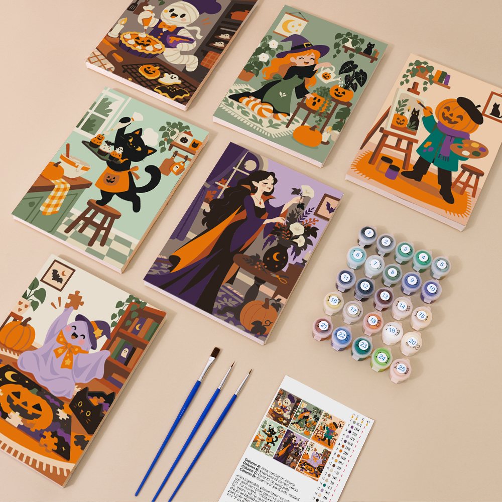Cozy Halloween Hobbies mini paint by numbers kit with six numbered canvases, acrylic paints, brushes and layout