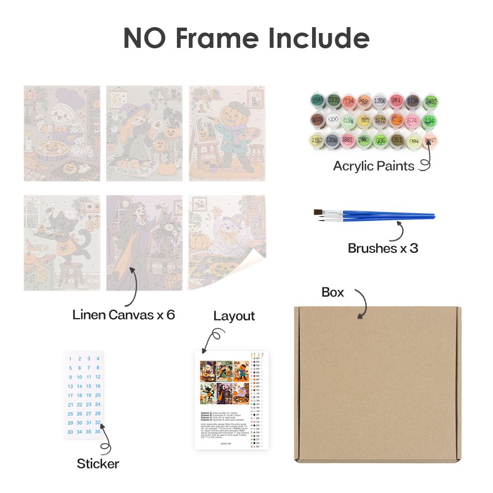 What's included without a frame: six rolled Cozy Halloween Hobbies mini canvases, acrylic paints, three brushes and layout