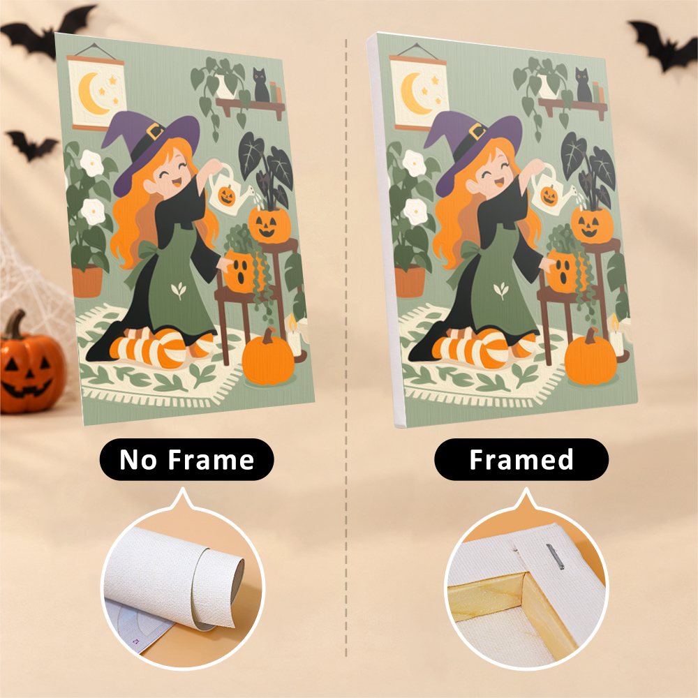 Cozy Halloween Hobbies mini canvas shown rolled without a frame and pre-stretched on a frame