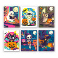 Cozy Haunted Home mini paint by numbers set: six cozy Halloween scenes indoors with a ghost reading, a mummy, an owl, a bat, a skeleton and a black cat
