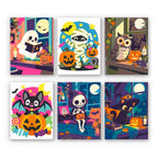 Cozy Haunted Home mini paint by numbers set: six cozy Halloween scenes indoors with a ghost reading, a mummy, an owl, a bat, a skeleton and a black cat