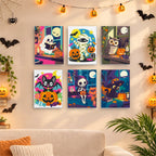 Before and after of a Cozy Haunted Home mini paint by numbers canvas