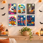 Painting a Cozy Haunted Home mini canvas propped up beside numbered acrylic paints