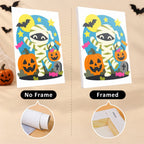 Six finished Cozy Haunted Home mini paintings hung on a wall above a table