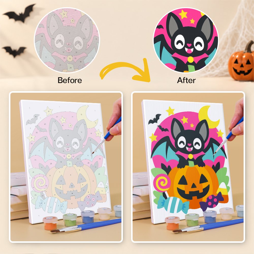 What's included without a frame: six rolled Cozy Haunted Home mini canvases, acrylic paints, three brushes and layout