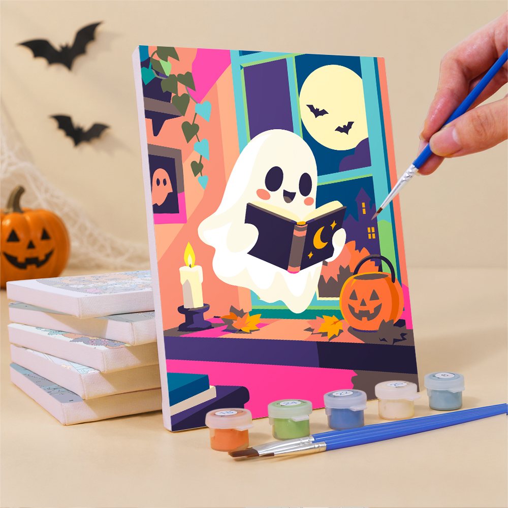 What's included pre-stretched on frame: six framed Cozy Haunted Home mini canvases, paints, three brushes, hangers and layout