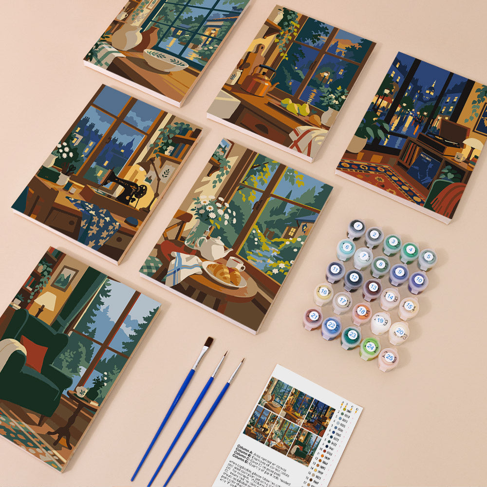 Cozy Nooks mini paint by numbers kit with six numbered canvases, acrylic paints, brushes and layout