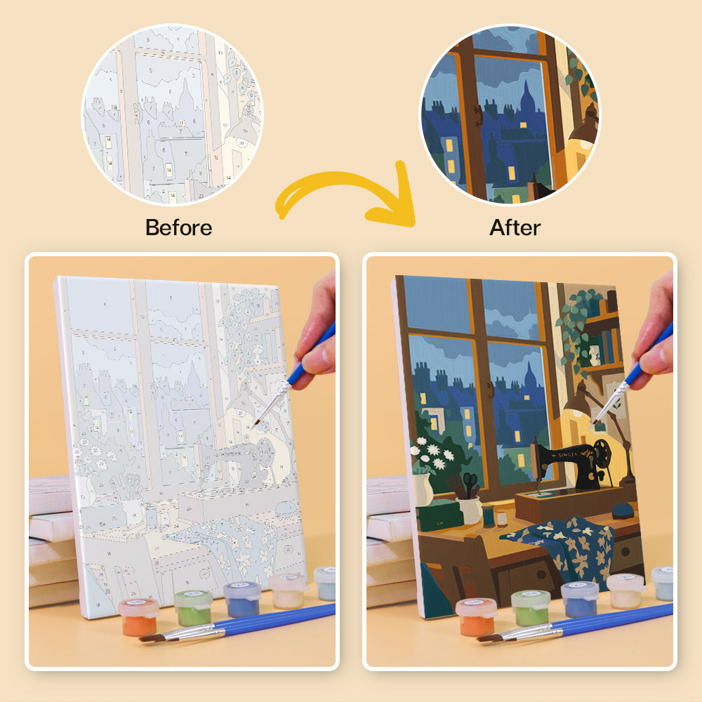 Before and after of a Cozy Nooks mini paint by numbers canvas
