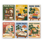 Cozy Reading Nook mini paint by numbers set: six mid-century book lover posters with bookshelves, mugs, plants and armchairs