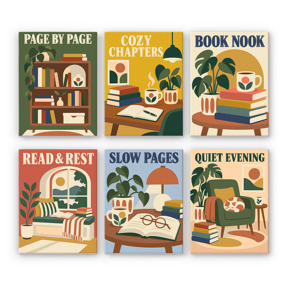 Cozy Reading Nook mini paint by numbers set: six mid-century book lover posters with bookshelves, mugs, plants and armchairs