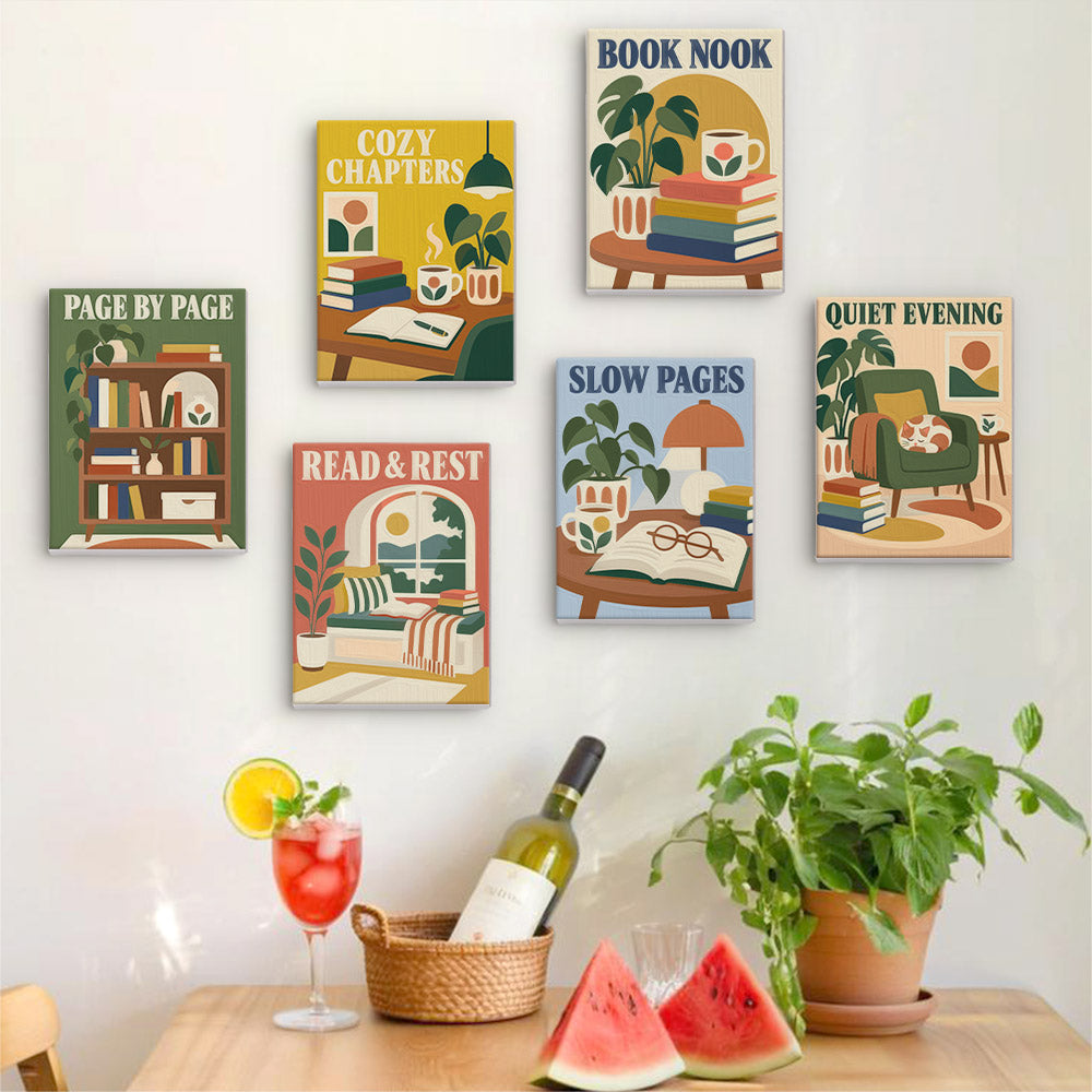 Six finished Cozy Reading Nook mini paintings hung on a wall above a table