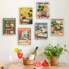 Six finished Cozy Reading Nook mini paintings hung on a wall above a table