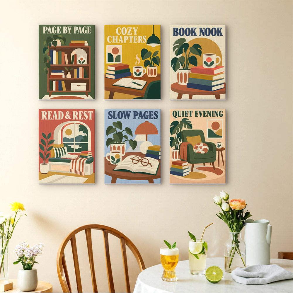 Cozy Reading Nook mini paintings displayed as a gallery wall in a sunny kitchen