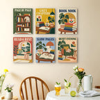 Cozy Reading Nook mini paintings displayed as a gallery wall in a sunny kitchen