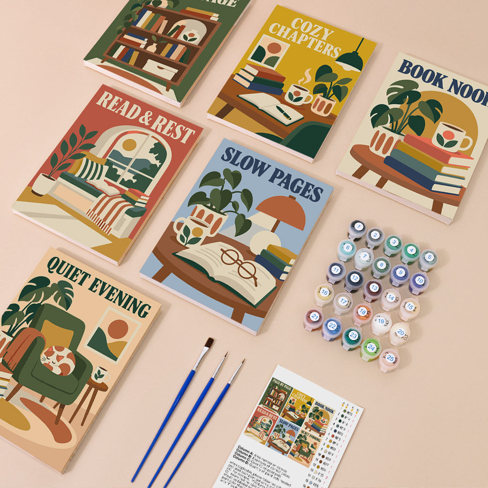 Cozy Reading Nook mini paint by numbers kit with six numbered canvases, acrylic paints, brushes and layout