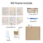 What's included without a frame: six rolled Cozy Reading Nook mini canvases, acrylic paints, three brushes and layout