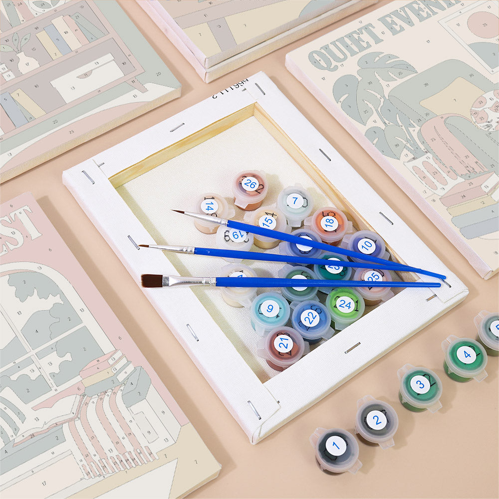 Numbered paint pots and brushes on a pre-stretched Cozy Reading Nook mini canvas