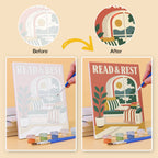 Before and after of a Cozy Reading Nook mini paint by numbers canvas