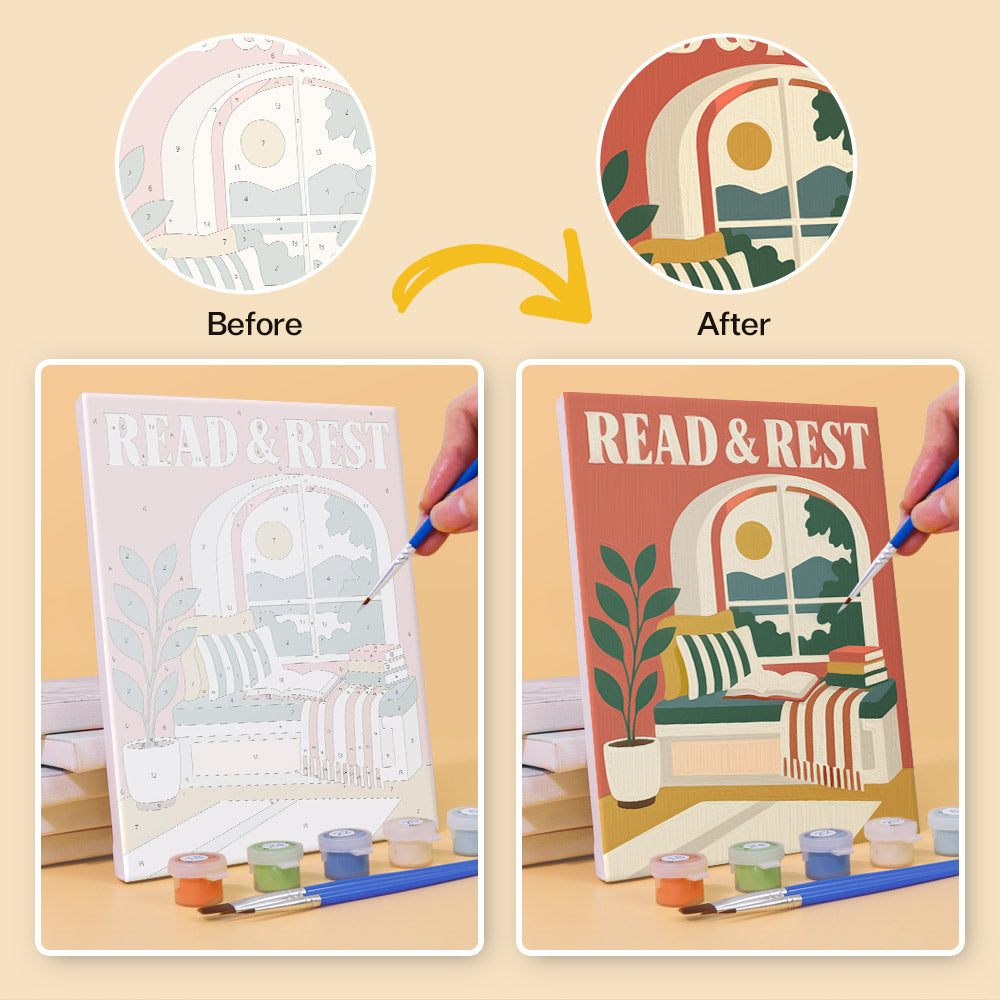 Before and after of a Cozy Reading Nook mini paint by numbers canvas
